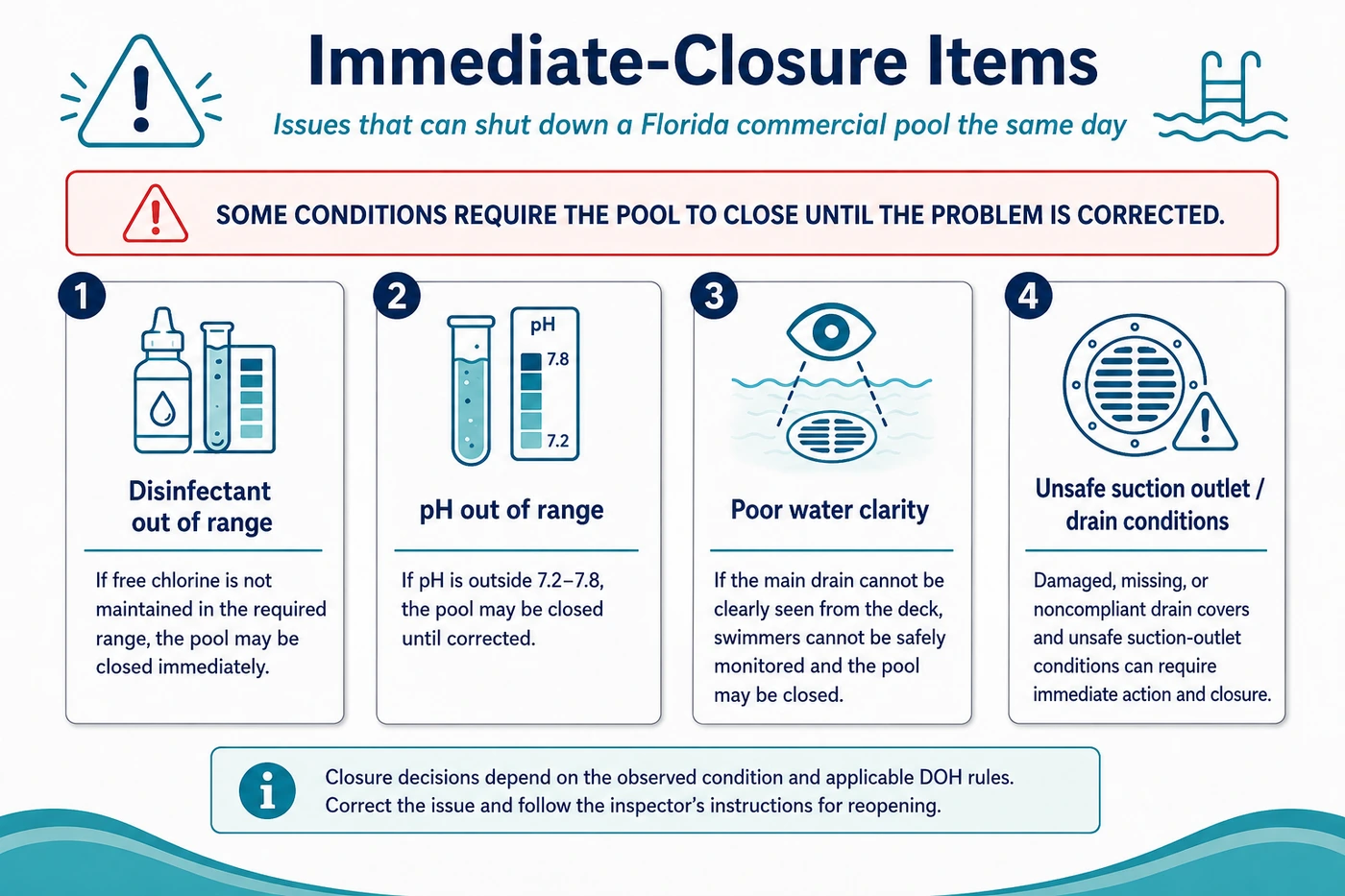 Infographic of conditions that can close a Florida commercial pool the same day: disinfectant out of range, pH out of range, poor water clarity, and unsafe suction outlet or drain conditions.