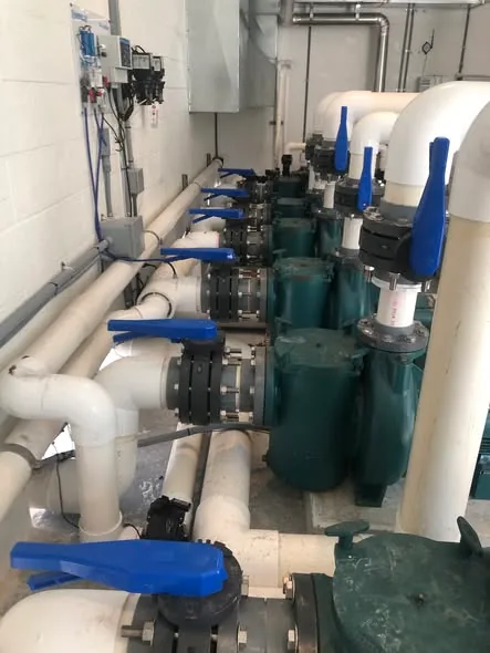 Commercial-grade pool equipment pad on the Key Haven build: banks of valves, filters and pumps we were brought in to program