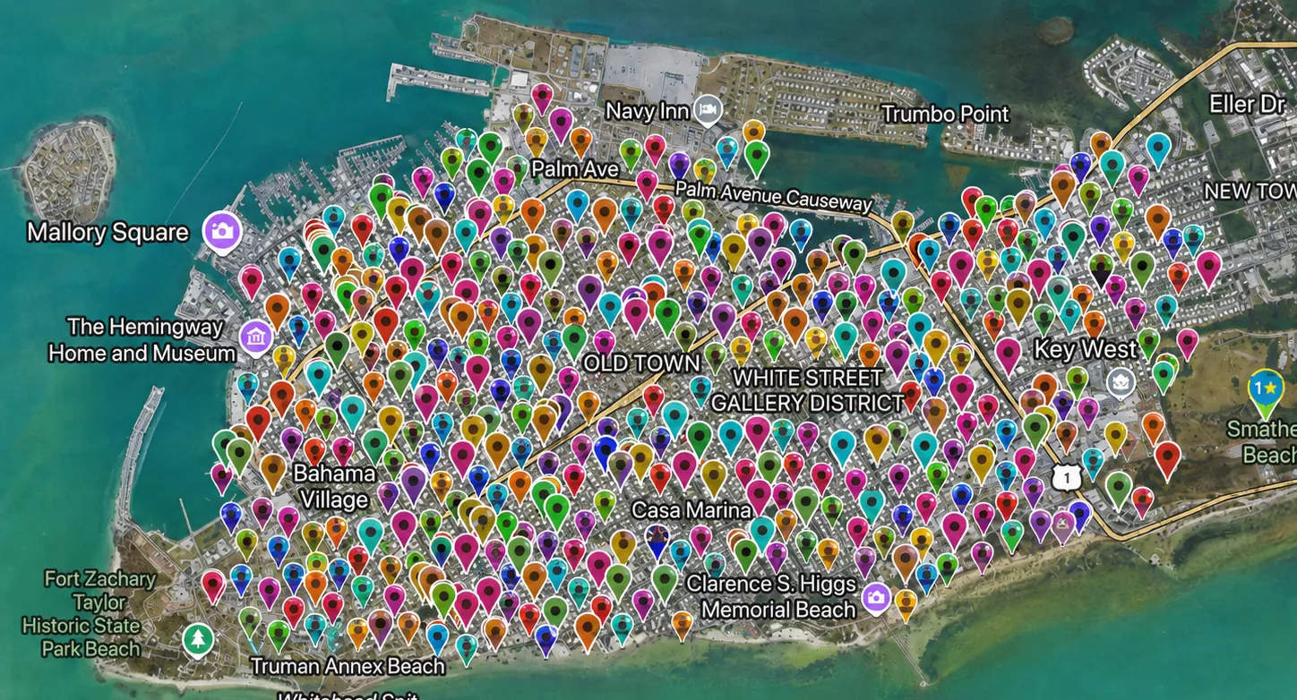 Satellite map of Key West covered in hundreds of colored pins, one for each pool Keys Pool Service maintains on its weekly route